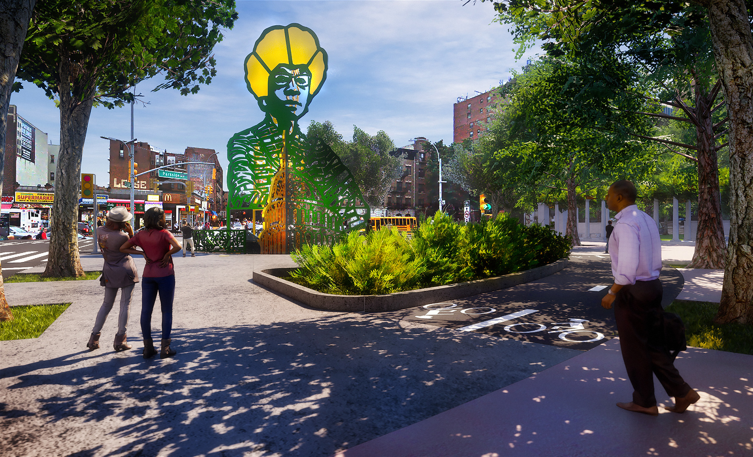 Shirley Chisholm monument proposal. (Renderings: Amanda Williams and Olalekan Jeyifous
